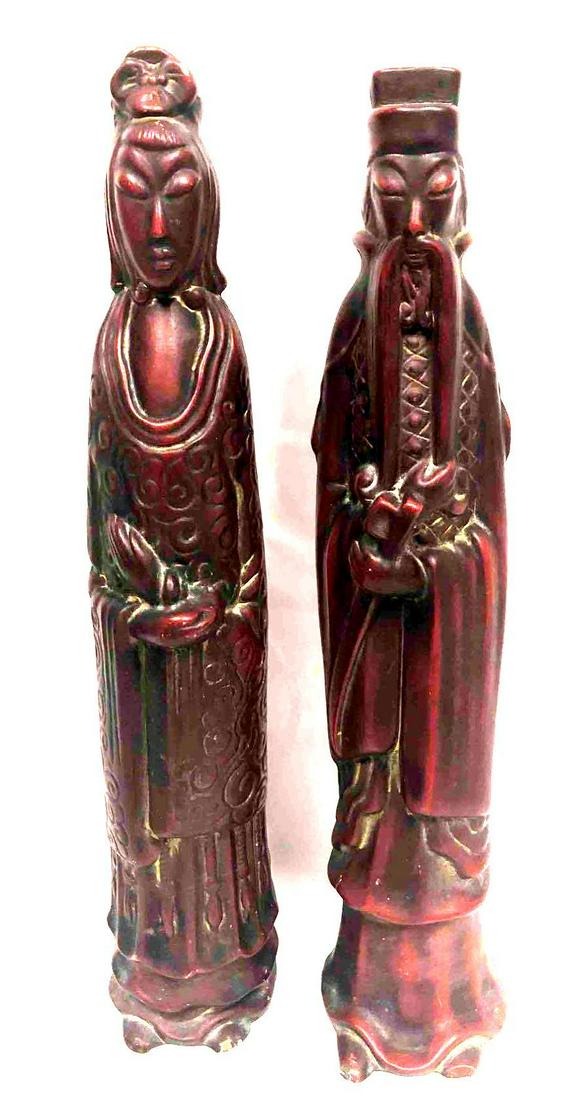 Vintage Chinese Man & Woman Ceramic Figurines Painted Brown/Red (1 of 7)