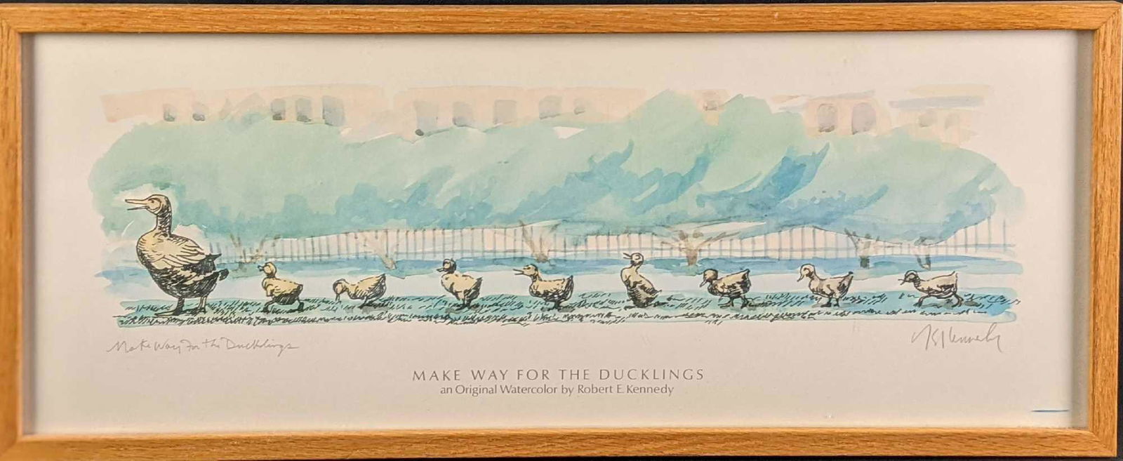 Robert Kennedy Make Way For Ducklings Signed Print: Robert E. Kennedy "Make Way For Ducklings" Hand Signed Watercolor Print. The framed print is approx 26" x 3/4" x 10 3/4" and it weighs 2.50lbs. The print is approx 25" x 9 1/2". The framed print is in