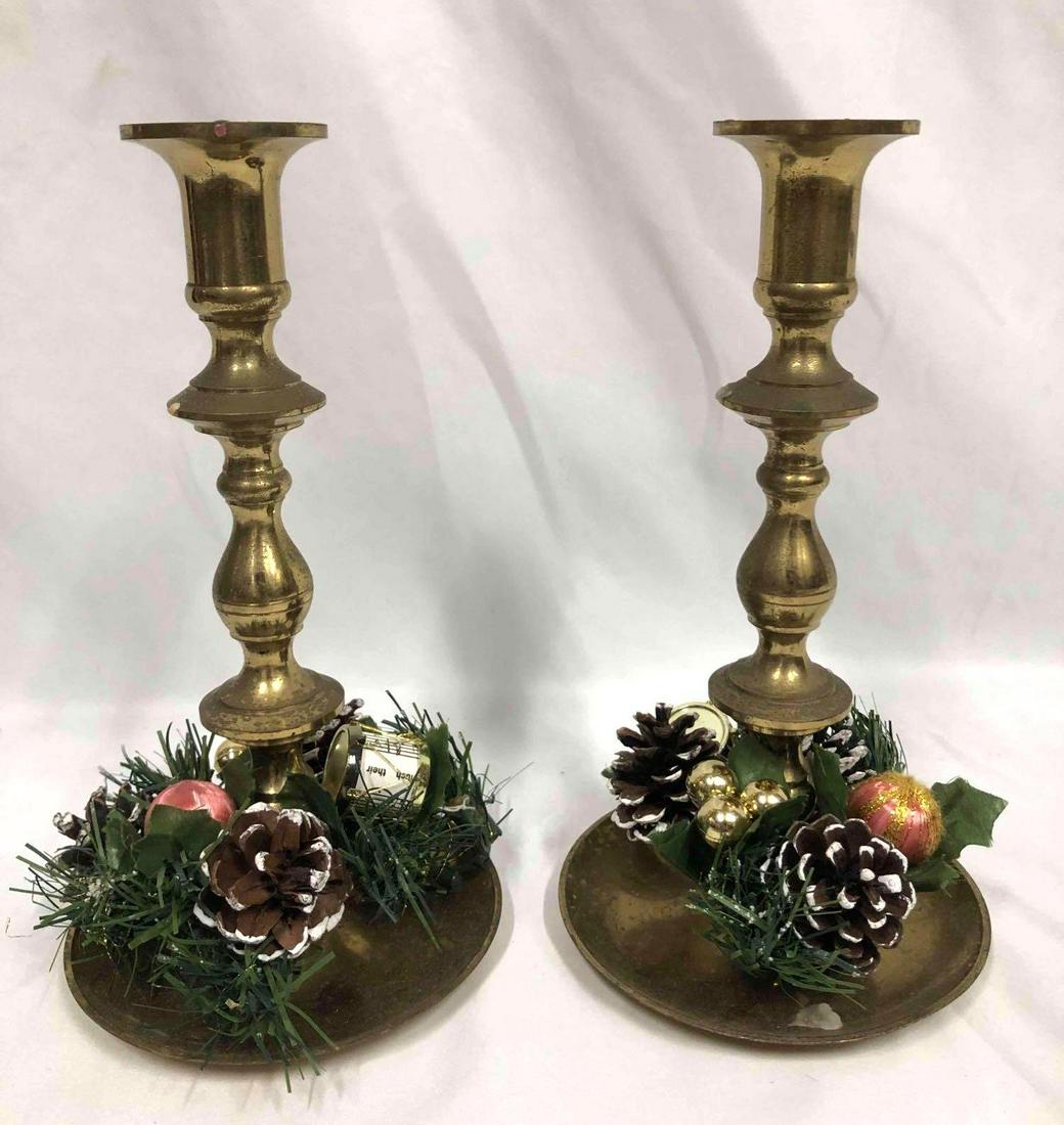 Pair Of Vintage Brass Japan Candlestick Holders With Christmas Decor Rim (1 of 7)