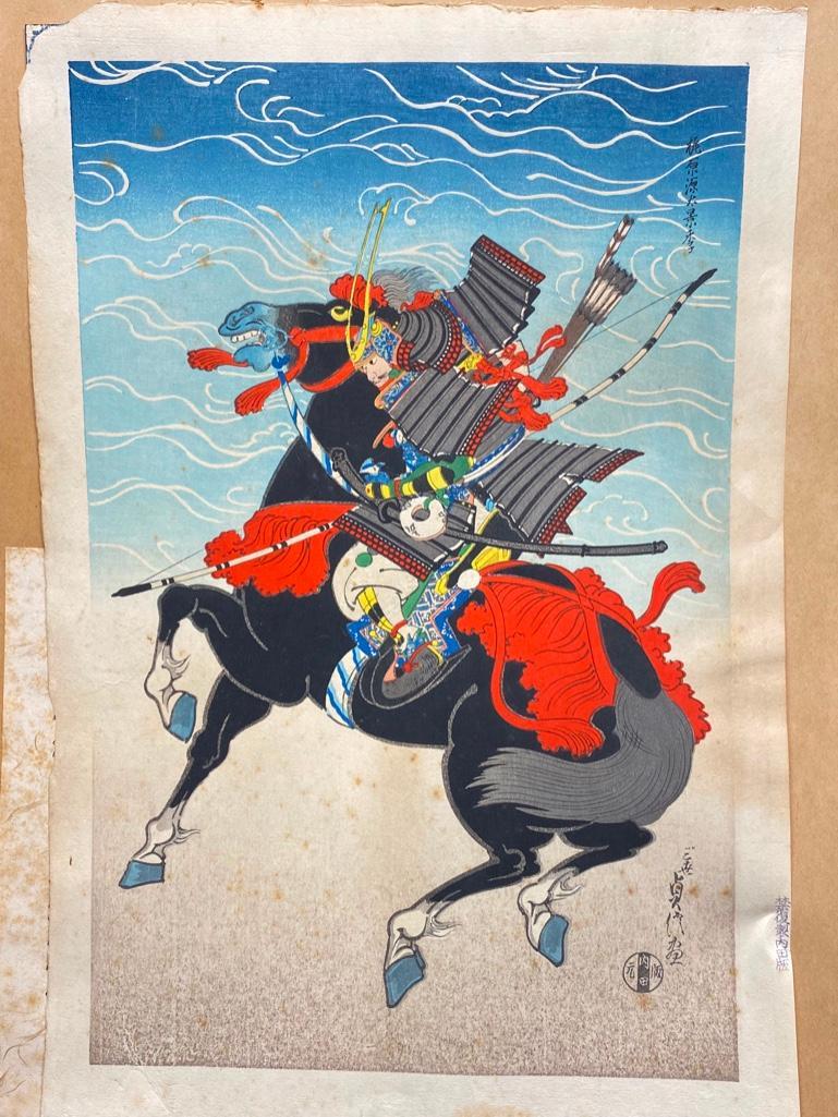 Hasegawa Sadanobu III "Kajiwara on Black Horse": Hasegawa Sadanobu III "Kajiwara on Black Horse" Vintage woodblock by Japanese artist Hasegawa Sadanobu the piece depicts mounted warrior Kajiwara Kagesue, who famously took part in the Genpei War betw