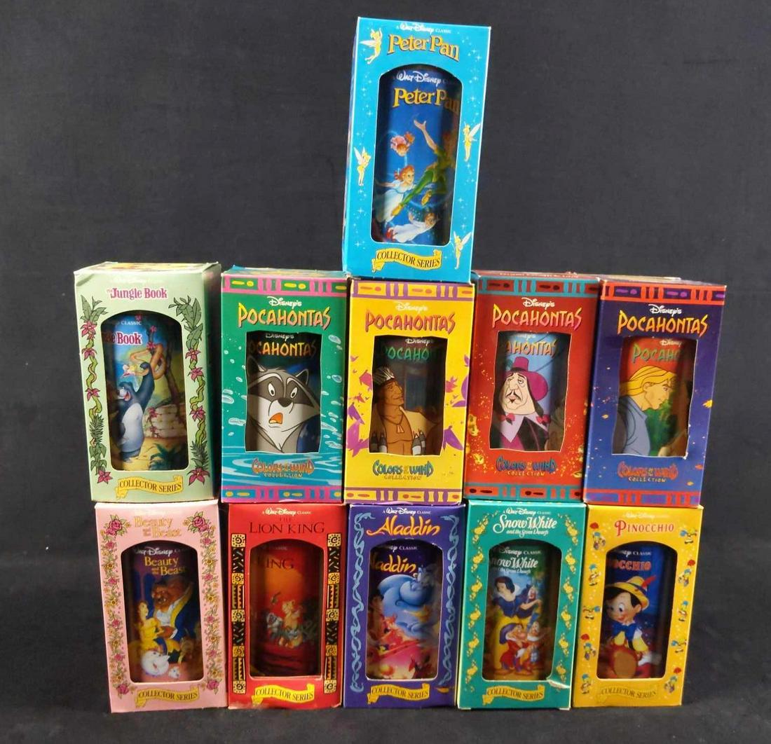 Burger King Disney Animated Theme Drinking Glasses B: This lot consists of eleven different plastic drinking glasses all animated Disney movie themed. All are in good, unused condition with some wearing on the packaging and dust on glasses. They should b