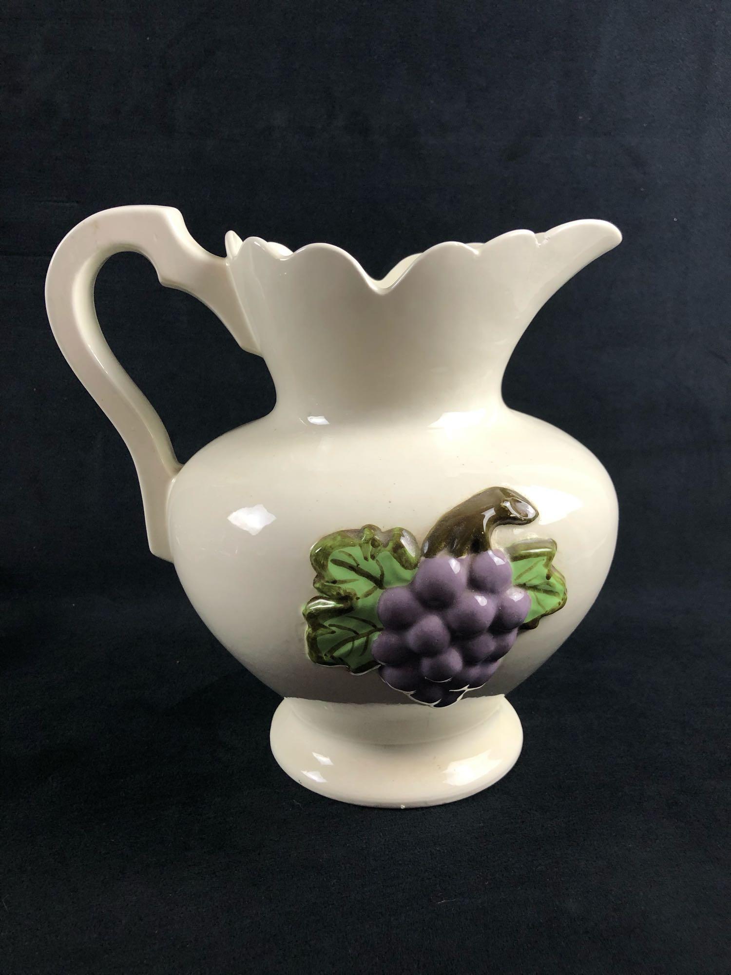 Large White Porcelain Water Pitcher  With Embossed Grape Design (1 of 11)