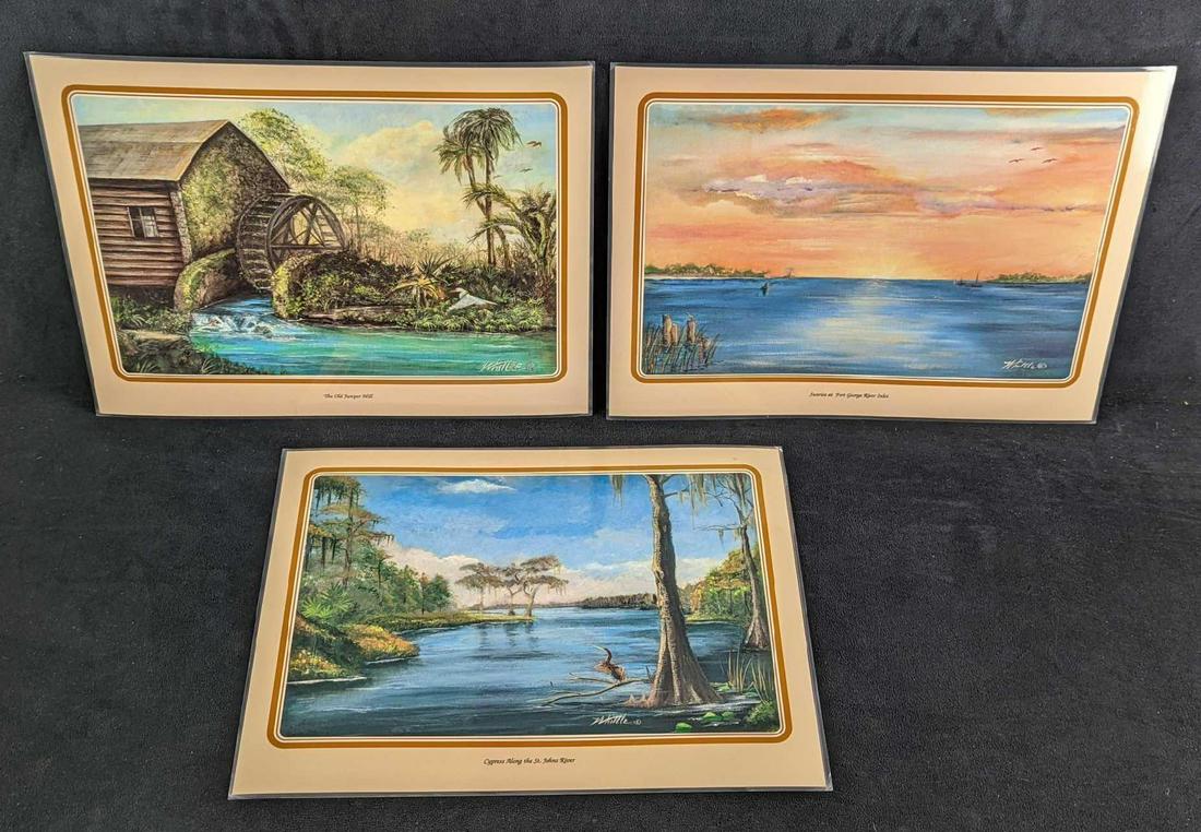3 Mary Quinnan Whittle Old Florida Art Placemats: This lot includes: (1) Cypress Along The St John's River. (1) Sunrise At Fort George River Inlet. (1) The Old Juniper Mill. The placemats are approx 15" x 11" and together they weigh 0.29lb. Each mat 