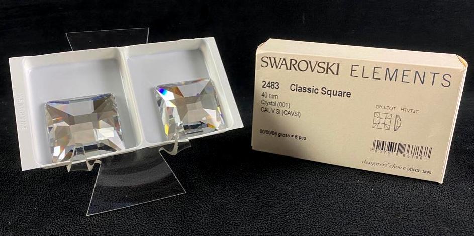 Swarovski Elements 40mm Classic Square Box of 6: Swarovski Elements 40mm Classic Square Box of 6 Swarovski elements loose crystals measuring 40mm square, for use in jewelry/art/crafts. Made in Austria by Swarovski, these crystals feature a flat foil