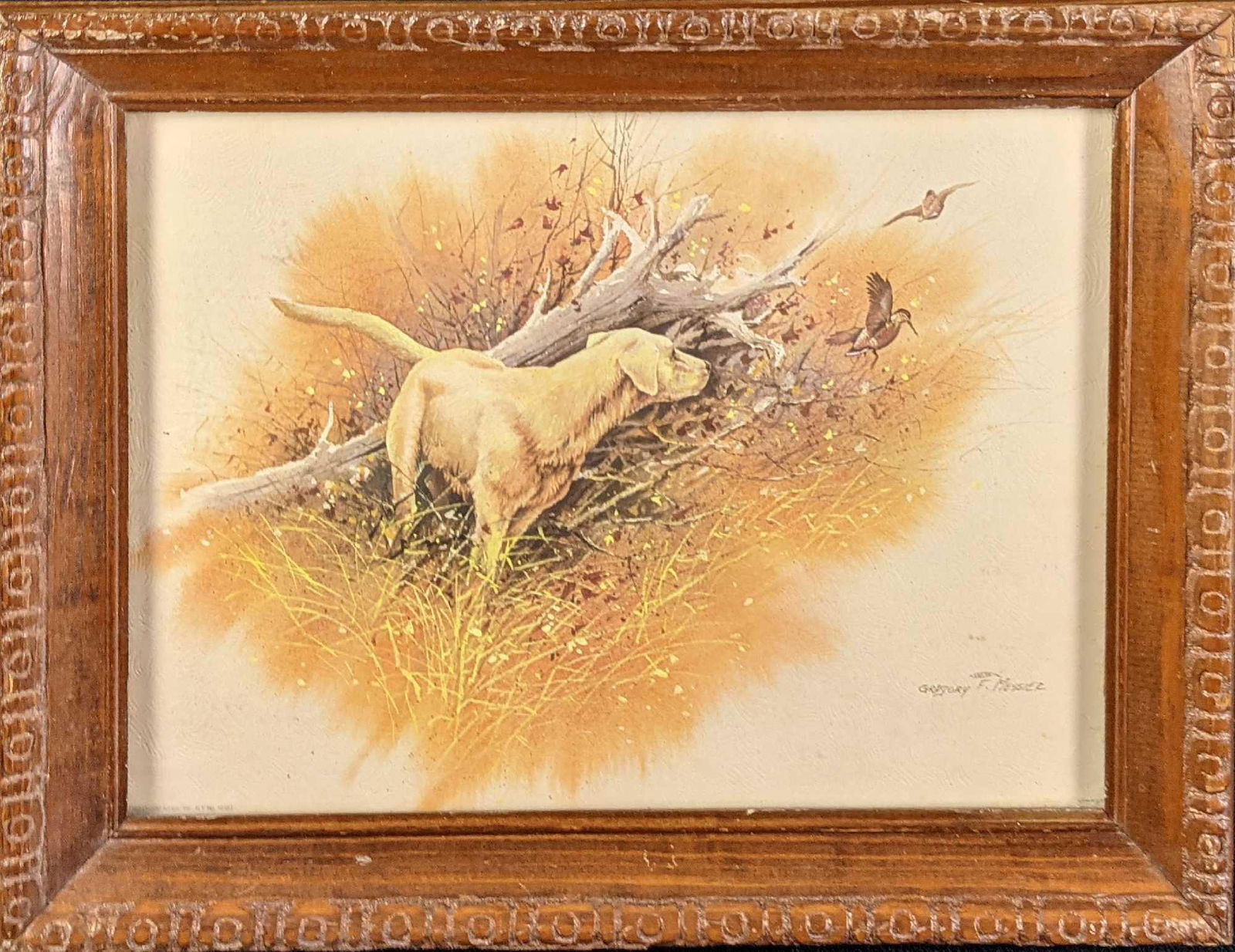 Vintage Gregory Messier Hunting Dog And Ducks Print: Vintage Gregory Messier Hunting Dog And Ducks Print. Please note, the signature is part of the print. The framed print is approx 14 1/2" x 1" x 11 1/4" and weighs approx 1.95lbs. The print is approx 1