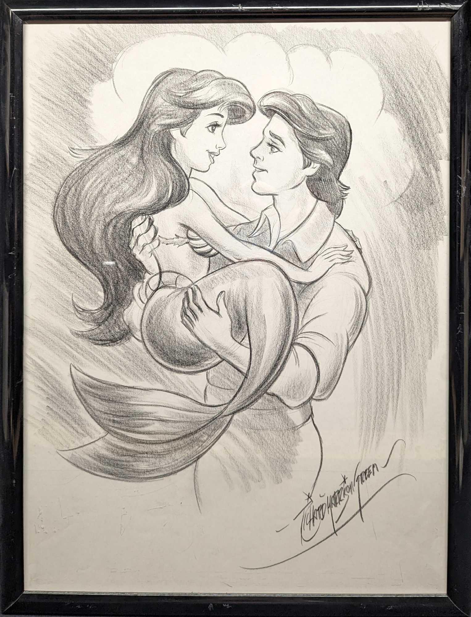 Disney Richard Harrison Green Sketch The Little Mermaid: Disney Richard Harrison Green Sketch The Little Mermaid Here is a charcoal sketch of Ariel and Prince Eric, from Disney's classic animated movie, "The Little Mermaid.". This framed sketch is signed by