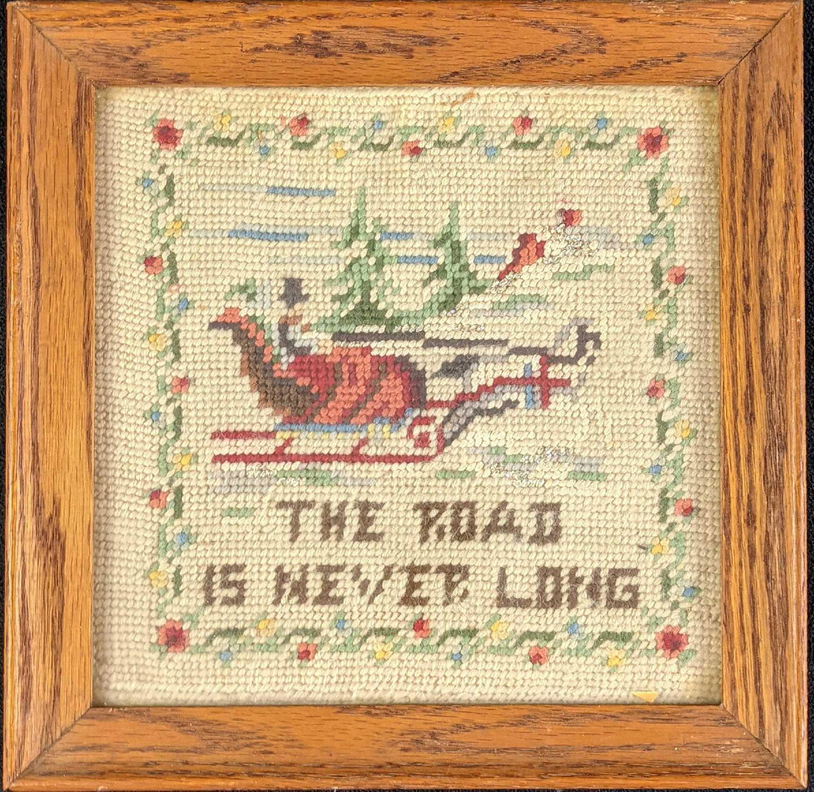 Framed Vintage Needlepoint The Road Is Never Long (1 of 6)