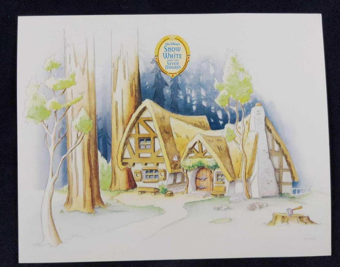 Disney Snow White Seven Dwarfs Cottage Print: Here is a print of the Dwarf's cottage from Disney's Classic Animated Film, Snow White & The Seven Dwarfs. Print is approx 10" x 8". This was part of a promotion for an upcoming DVD. The print is in g