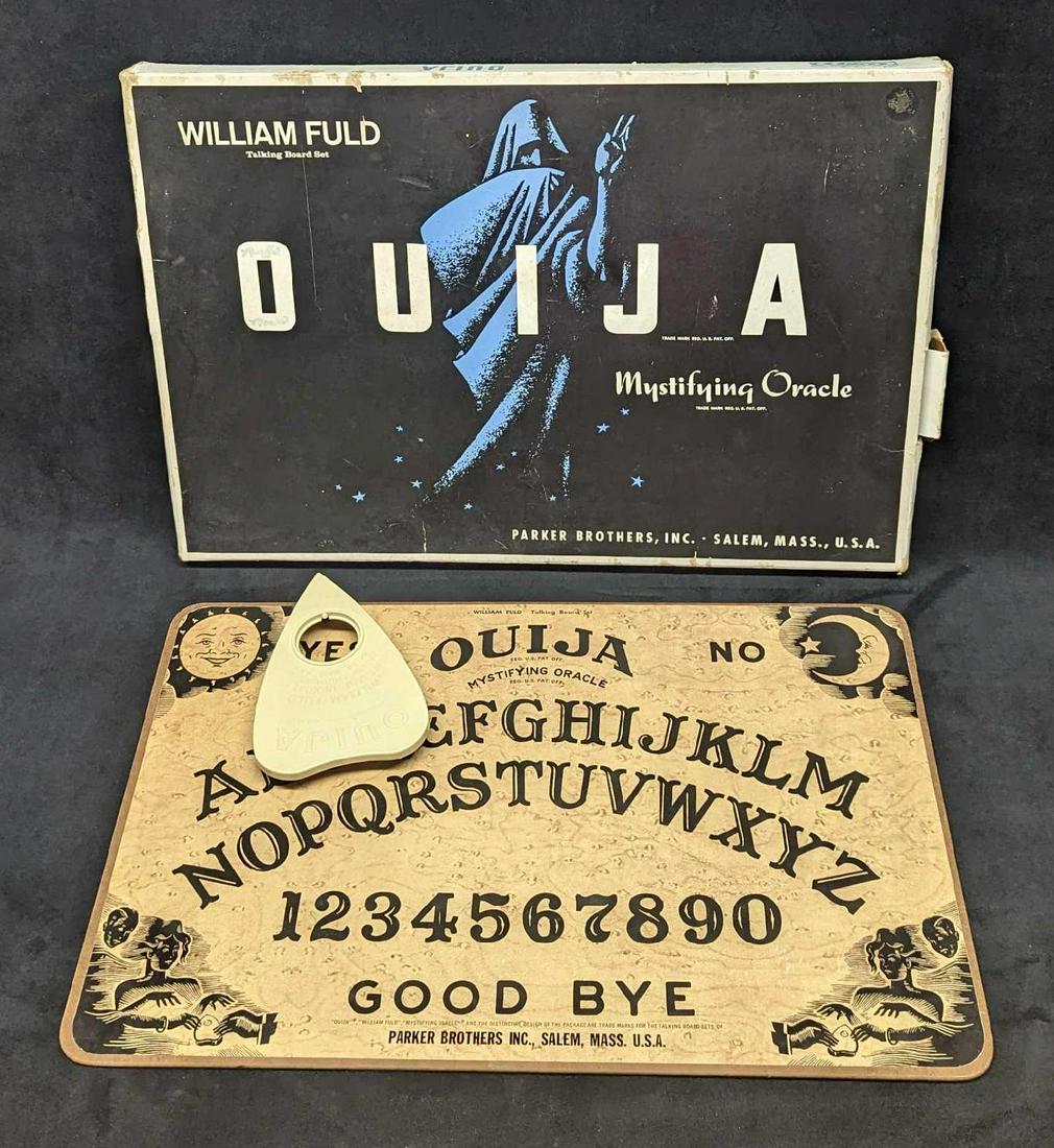 1960s Parker Brothers Ouija Board: 1960s Parker Brothers Ouija Board. It comes with its original box, which is approximately 17 3/4" x 12" x 1 1/2" and weighs 1.68lb. The box has some shelf wear and rips on the side. The board has very