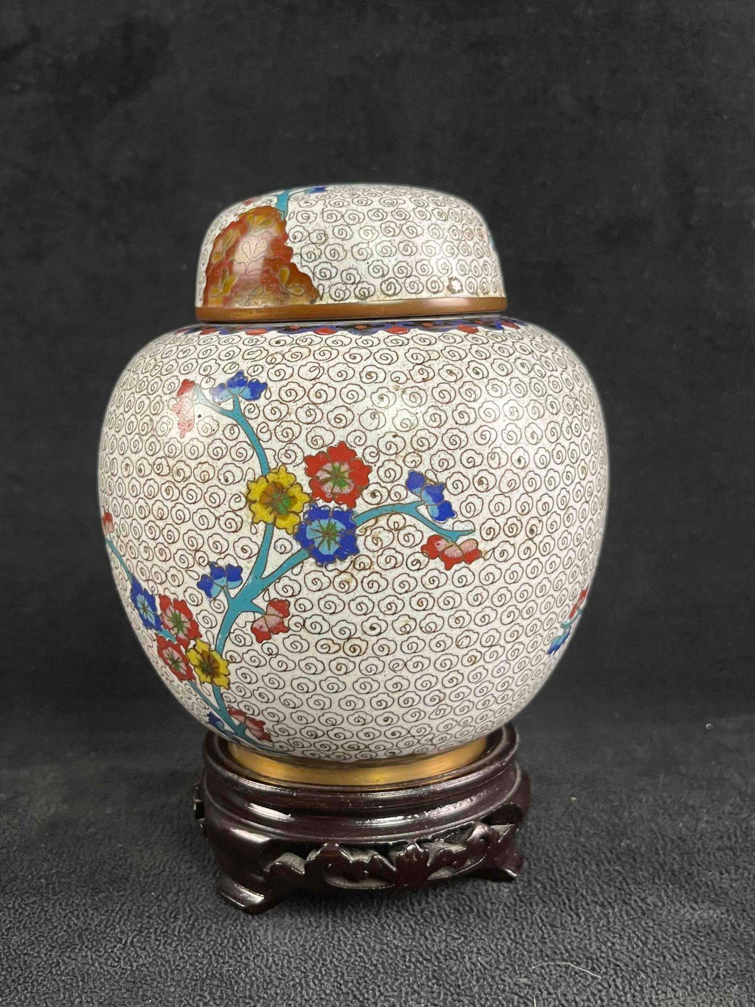 Lidded Vase Enamel Cloisonne Style with Stand (1 of 8)