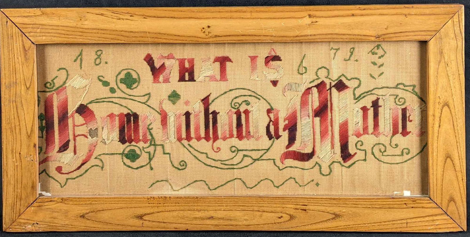 Antique Needle Point 1800s Handmade: Antique Needle Point 1800s Handmade This is a framed hand-made needlepoint made in the late 1800s as the previous owner explained. This piece has some discoloration from age. The needlepoint says "Wha