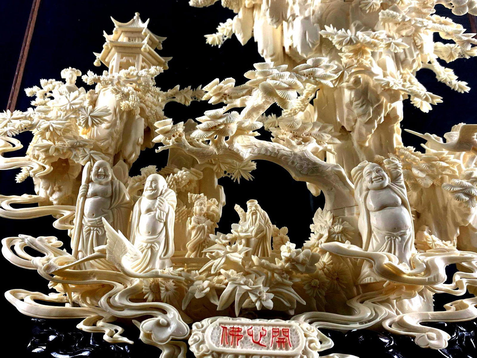 Large Antique Hand Carved Bone Chinese "History Of Buddhism" Temple Mountain Scene & Case (W3): Large Antique Hand Carved Bone Chinese "History Of Buddhism" Temple Mountain Scene & Case . This 19th century very detailed extraordinary high relief piece is in excellent condition marked on front "H