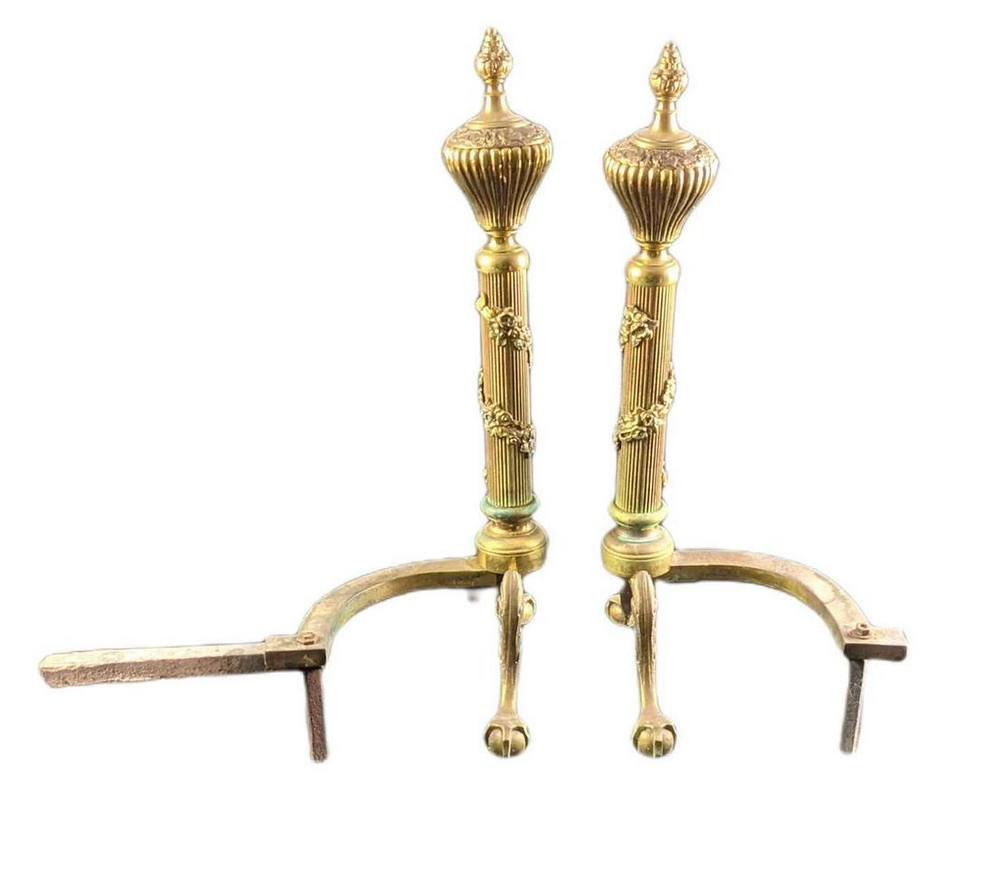 Vintage Pair Brass Fireplace Andirons Fire Dogs