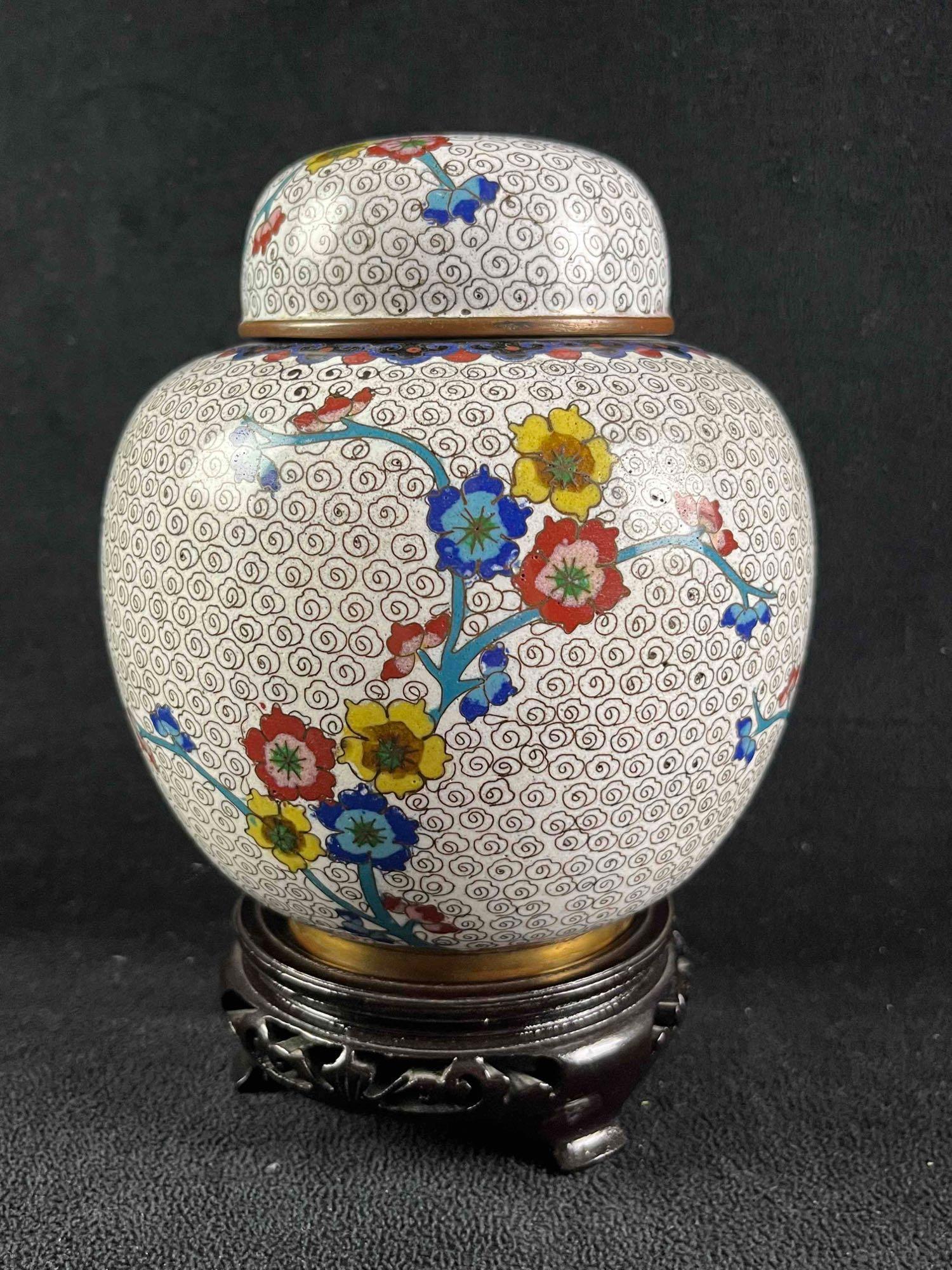 Enamel Cloisonne Style Lidded Vase with Stand (1 of 8)