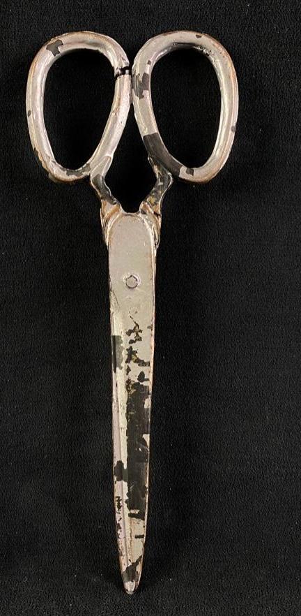 Foam Rubber Prop Scissors: Prop scissors for use with actors in productions. Painted metallic and faux patinated to appear to the audience or camera as real pair of old scissors. The scissors are cast in one piece in the closed