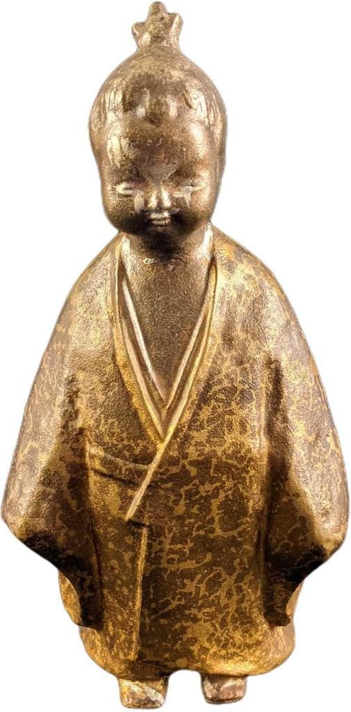 Okimono Figurine "Selflessness Child" Japan Cast Iron: Metal figurine of a selflessness child in gold. Made of cast iron. Is approx 5" x 3 1/2" x 10" and weighs 4.55lbs. The figurine is in good, vintage condition with wear and color loss. There are also s