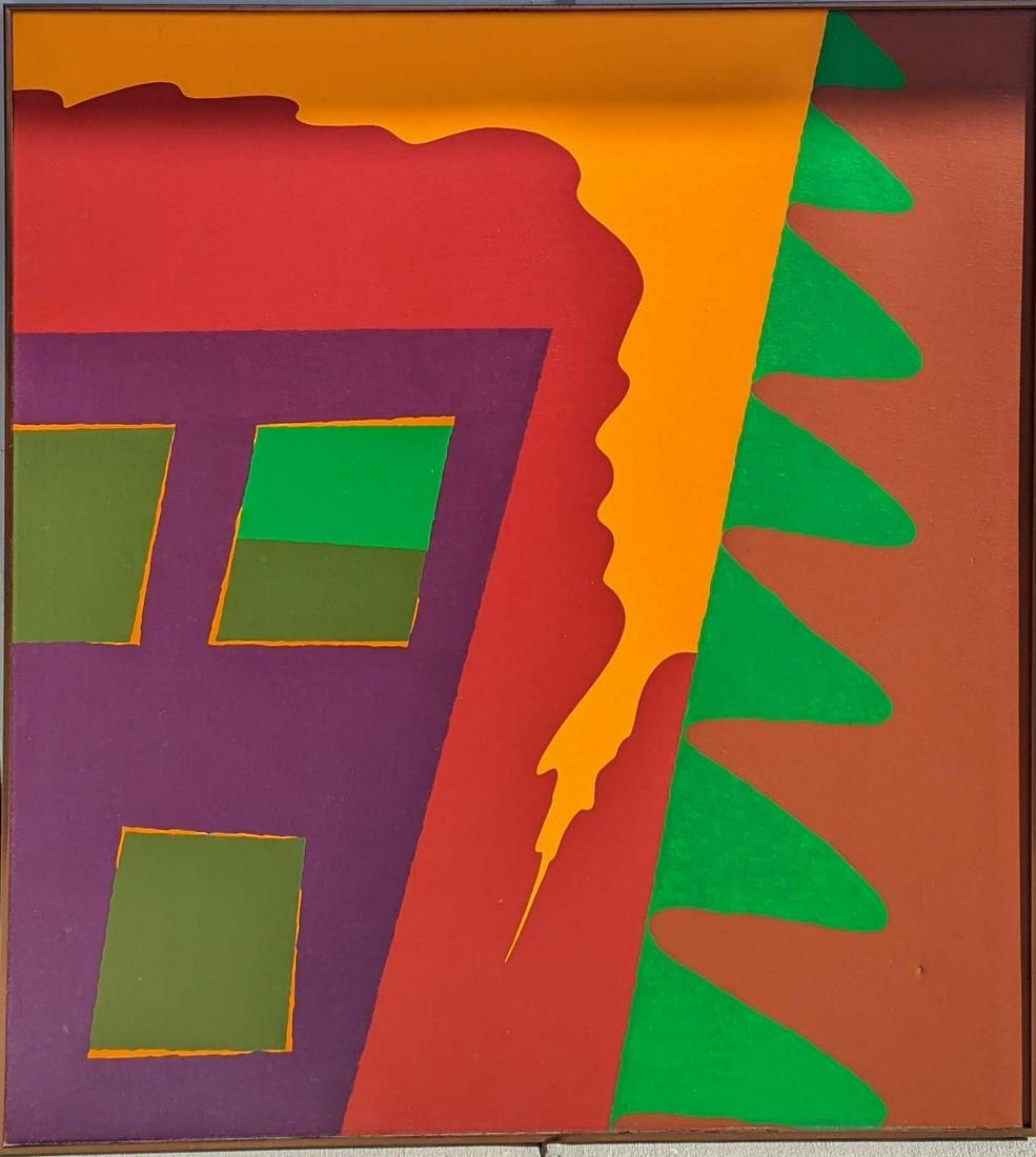 Original Framed Acrylic On Canvas Colorful Pop Art: Original Framed Acrylic On Canvas Colorful Pop Art. Is approx 44" x 1 1/2" x 40" and it weighs 6.5lbs. This original is not signed by the artist. The framed original is in a good, used condition with 