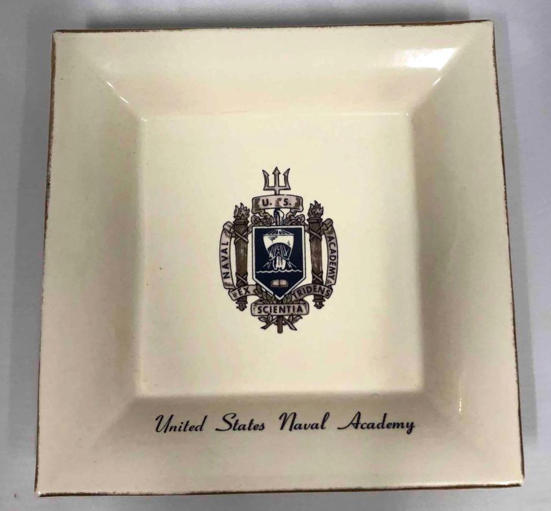 United States Naval Academy Ashtray: This lot contains a United States Naval Academy glass ash tray. Perfect gift for any retired naval officer etc. The ash tray is decorated with the Naval Academy seal and the rim is embossed with gold 