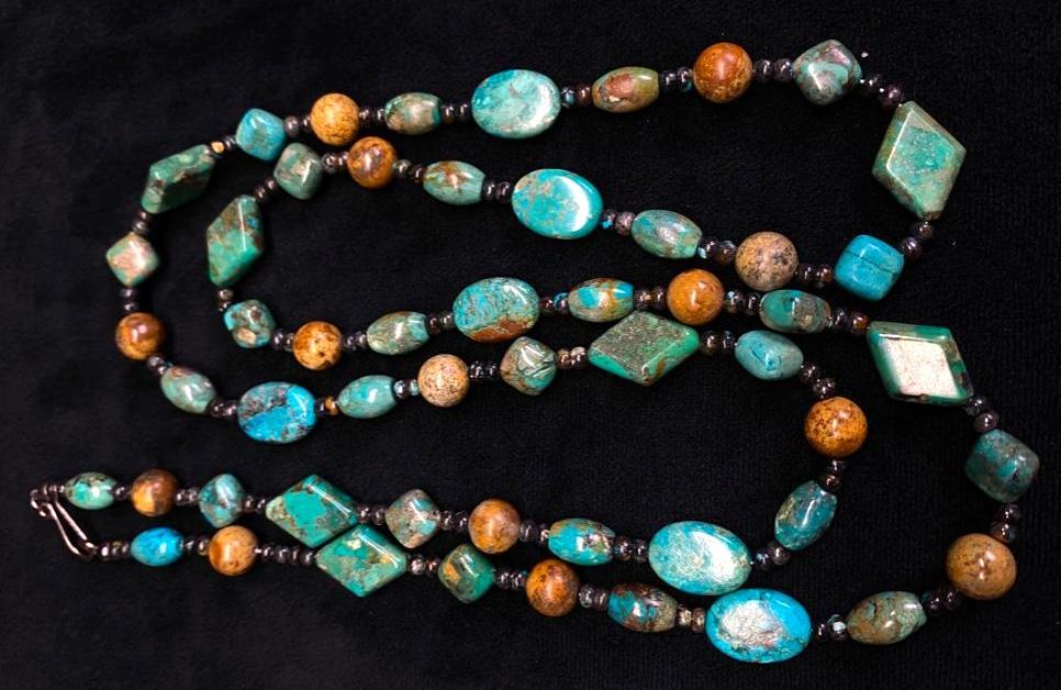 Turquoise Bead Shapes Sterling Necklace: DETAILS: Metal - 925 Sterling Silver Color - silver, turquoise Tested - Yes Size - 42" Weight - 81 g Markings - "DTR 925 China" Maker - Jay King Stones - turquoise Style - bead necklace Condition - G