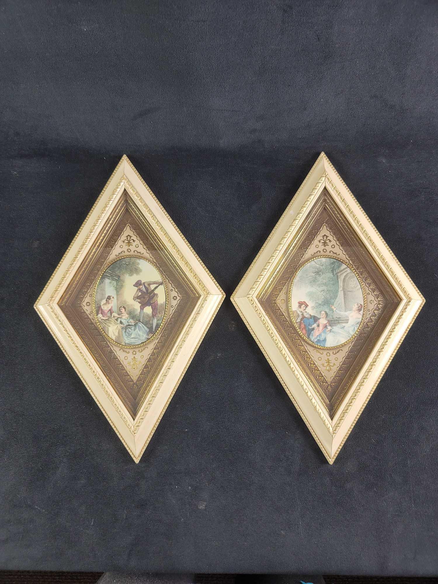 Romantics by Turner Wall Accessories: This lot contains two diamond-shaped frames containing Victorian Era scenes. Called the Romantics, 1451 J381 is the item number. These are by Turner Wall Accessory Company. Vintage pieces that catch y