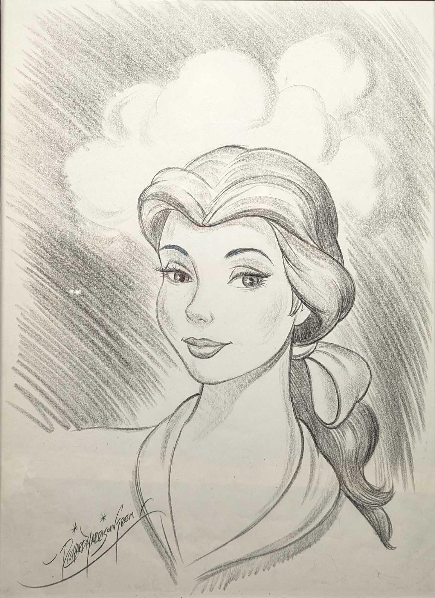 Disney Richard Harrison Green Sketch Beauty & The Beast Beauty: Disney Richard Harrison Green Sketch Beauty & The Beast Beauty. Here is a charcoal sketch of Beauty from Disney's classic animated movie, "Beauty And The Beast.". This framed sketch is signed by the a
