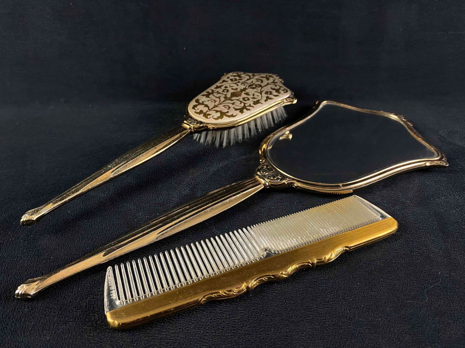 Vintage Gemlite 24K Gold Plated 3pc Vanity Set Brush Mirror (1 of 9)