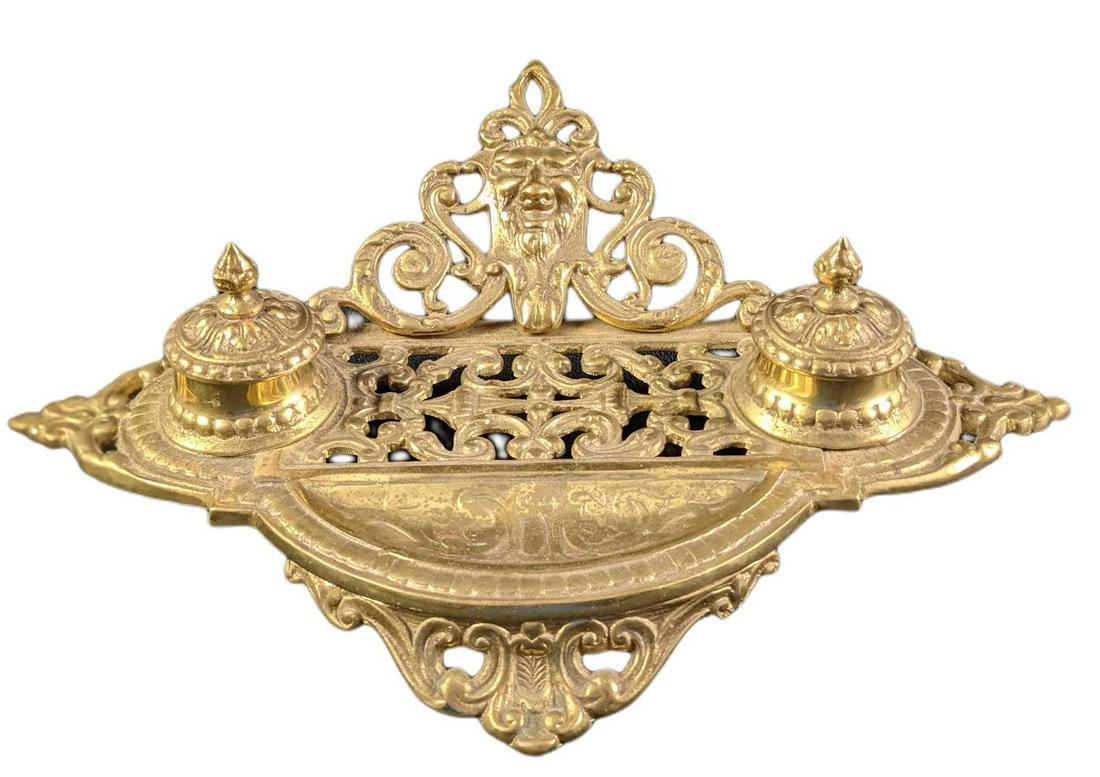 Vintage Brass Lion Head Double Pen Inkwell (1 of 7)