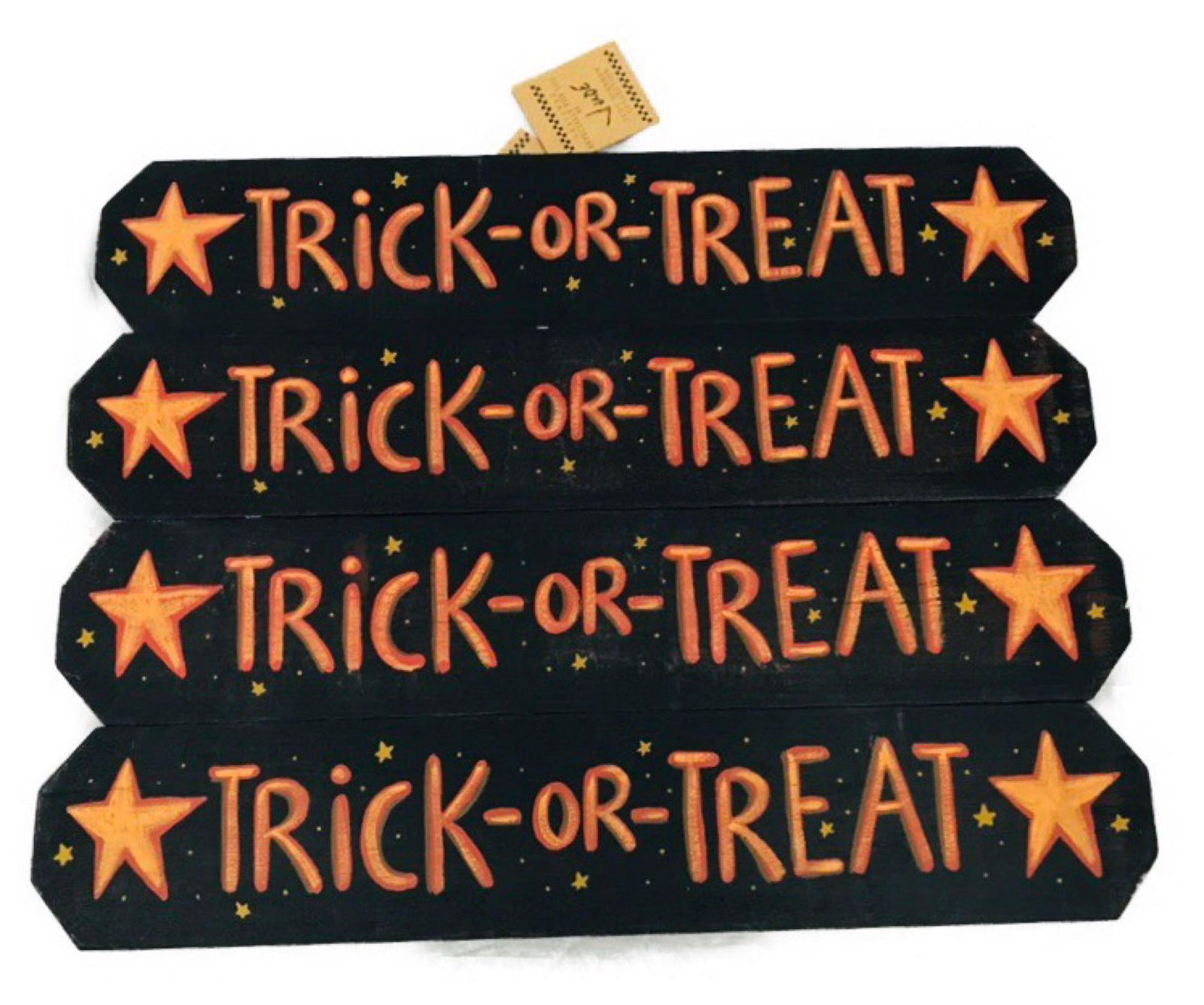 4 Cute Trick-Or-Treat Signs: 4 Cute Trick-Or-Treat Signs; These Halloween signs have a cute and simple design that look as if they are hand-painted and would match any household. Each has a nail hanger on the back and measures at