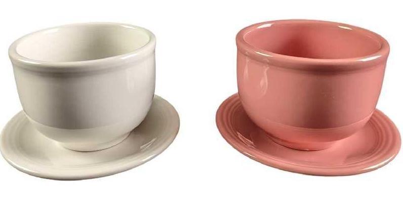Fiestaware Chili Bowl With Saucers Pink & White: Fiestaware Chili Bowl With Saucers Pink & White. This series was released by Homer Laughlin in 1986. The saucers are approx 6" and together they weigh 1.20lb. The chili bowls are approx 4 1/2&