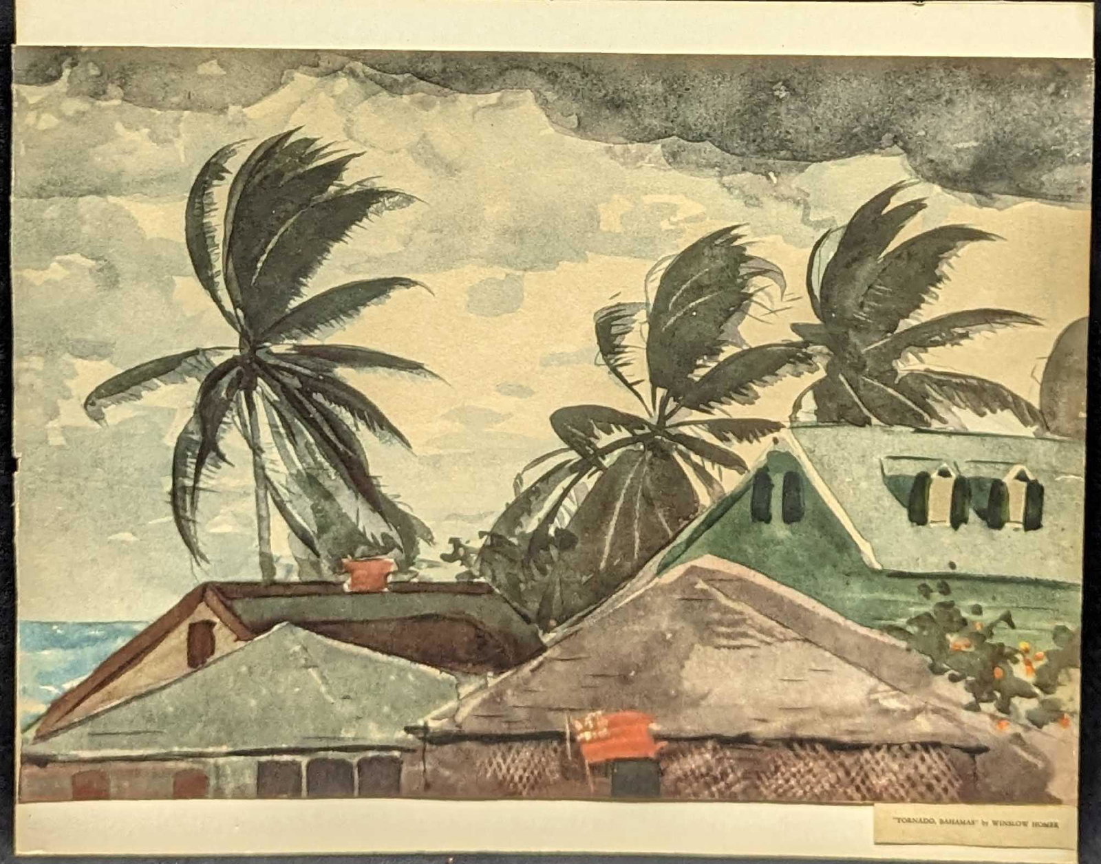 Vintage Winslow Homer Tornado Print: Vintage Winslow Homer Tornado Watercolor Print. The print is mounted on cardboard which is approx 13 3/8" x 10 3/4" and it weighs 0.07lb. There is some rips/wear on the edges of the print. Ple