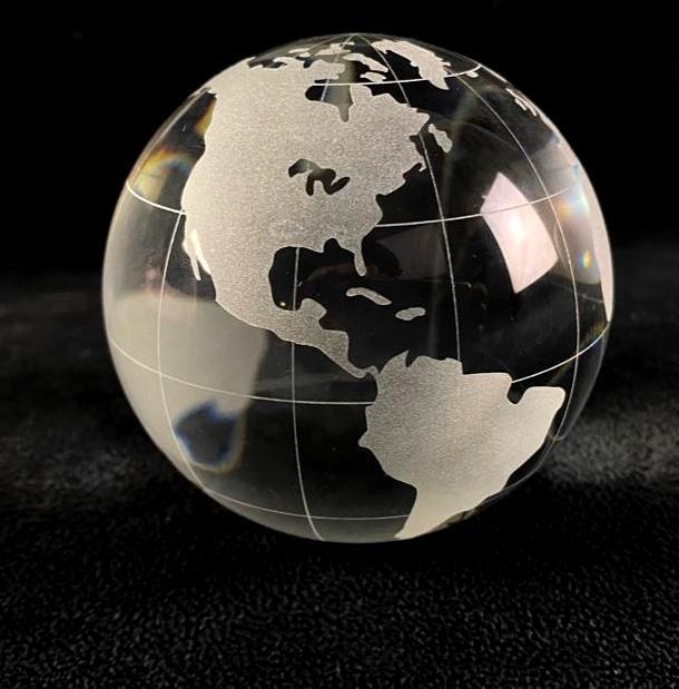 Etched Crystal 3" Globe: Etched Crystal 3" Globe This etched crystal globe features a 3D map of the world with meridian lines, on a quality crystal sphere with no known damage. This is a perfect decor item for your offic