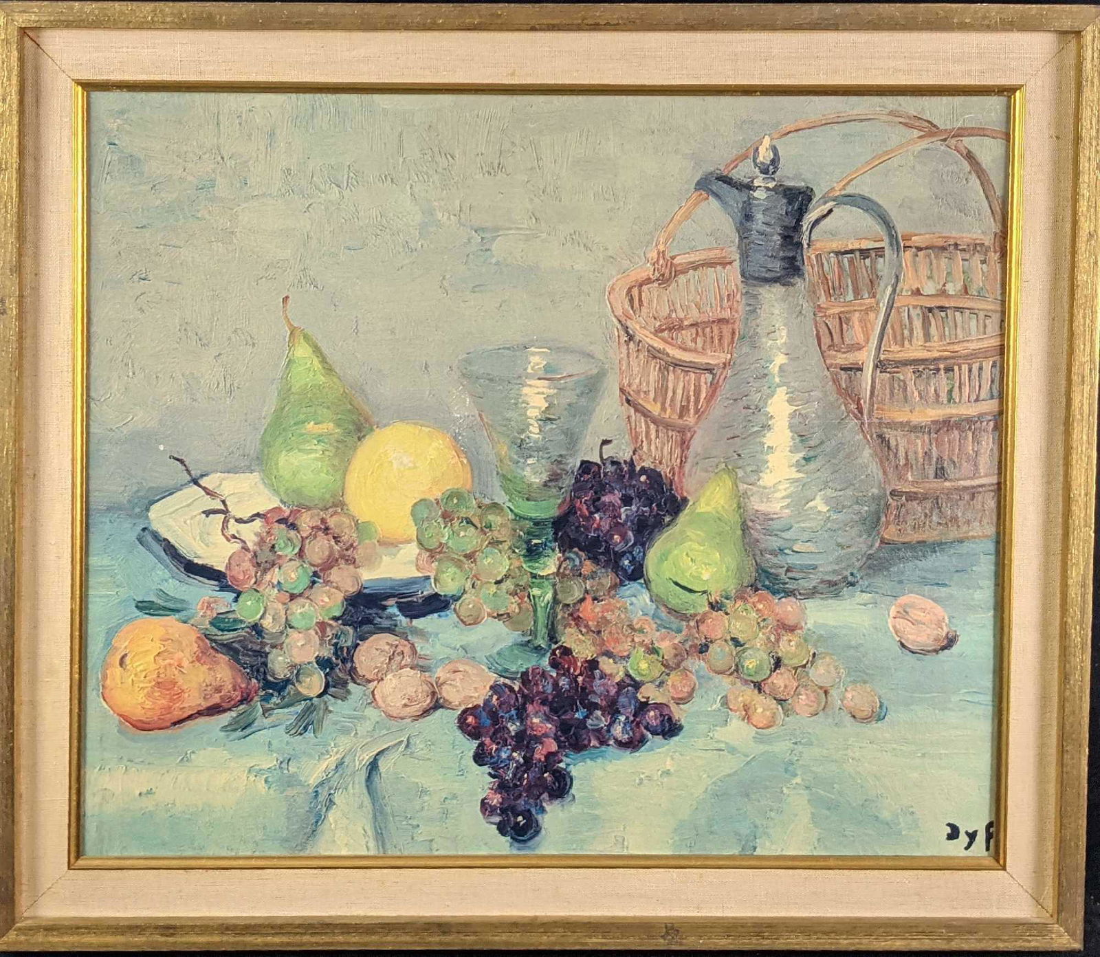 Vintage 1950s Still Life Print By Reliable Marcel DYF: Vintage framed print of still life by Marcel DYF. Has a print of the signature, but most of it is cut off by the frame. Paper has some texture to give it more of an original appearance. Is marked on t