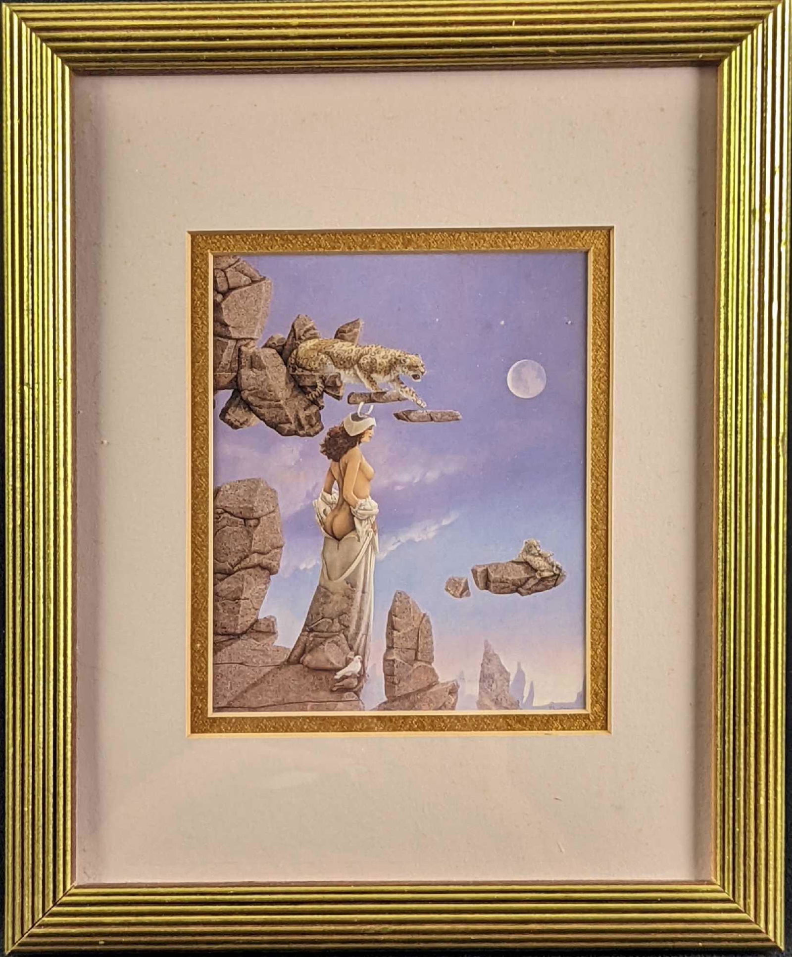 Framed Michael Parkes Mini Print Rock Dove: Here is a mini print of Michael Parke's "Rock Dove". The image/print is approx 4 1/2" x 5 1/2". The framed print is approx 9 3/8" x 3/4" x 11 1/4 and it weighs 1.04lb. The