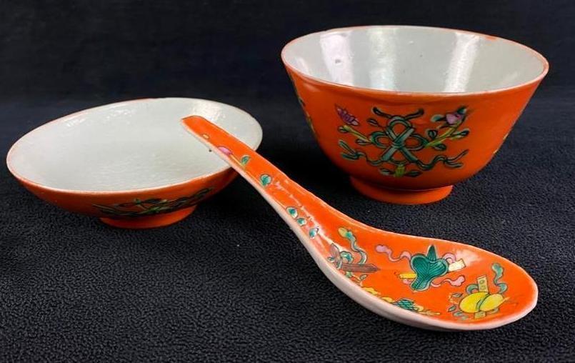Chinese Porcelain Sauce/Spoon/Soup Set: 3-piece set of small porcelain dishes and spoon. Includes sauce dish, small soup dish, and soup spoon. Each piece is painted in a matching pattern, with an unidentified maker's mark on the bottom.