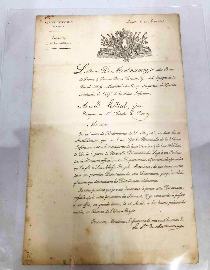 French Military Historical Document From The Gardes Nationales De France Dated 1816 (1 of 4)