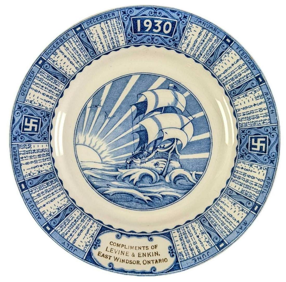 1930 Woods Ware Calendar Swastika Fine China Plate: 1930 Woods Ware Calendar Swastika Fine China Plate. "Compliments Of Levine & Enkin, East Windsor, Ontario.". The plate is approx 9" and it weighs 0.73lb. The plate is in a good, vintag