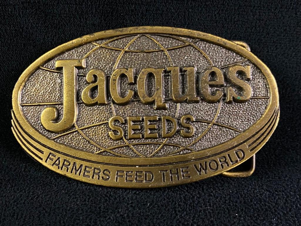 Vintage Jacque's Seeds Belt Buckle 1977: Vintage Jacque's Seeds Belt Buckle 1977 Bronze belt buckle from 1977, featuring the logo for Jacques Seeds. The buckle is stamped "limited edition" but is not numbered. In good condition, 