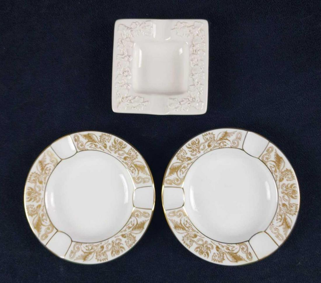 Vintage Wedgewood Ashtray Bone China Lot Of Three: This lot includes: (2) Wedgwood 'Gold Florentine Dragon' Pattern Bone China Ashtrays. This series was released from 1961 - 1986. Ashtray is approx 4 1/2" x 4 1/2". (1) Wedgwood Queensw