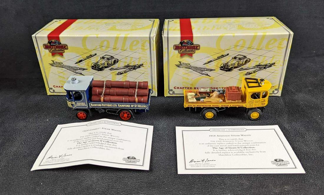 2 Matchbox Collectibles Die Cast Steam Wagons: This lot includes: (1) 1918 Atkinson Steam Wagon, "City Of Westminster Works -Sewers & Highways. Is approx 4" x 1 1/4" x 2". (1) 1929 Garrett Steam Wagon, "Rainford Potteries