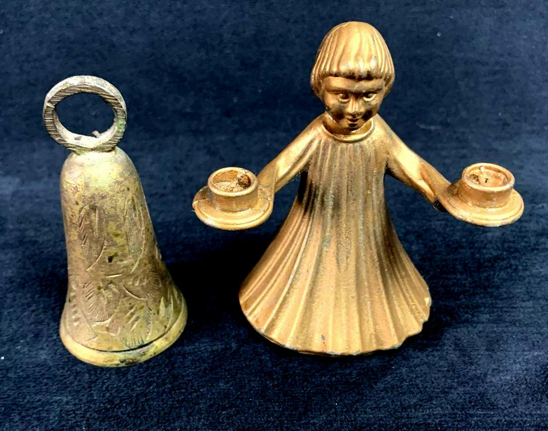 Brass-Like Girl Figurine Small Candle Holder, Small Bell: Brass-Like Girl Figurine Small Candle Holder, Small Bell Underside of girl reads: "Italy". Underside of bell reads: "Bells of Sarna India". Measurements: Girl - 3.5" by 3". Bel