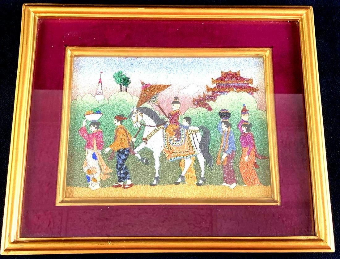 Jade and Gems Artwork from Myanmar: Up for auction is a recent estate find, a jade and gems artwork produced in Myanmar at a company called Venus. The artwork depicts everyday life in Myanmar and shows a person riding a horse with a sma
