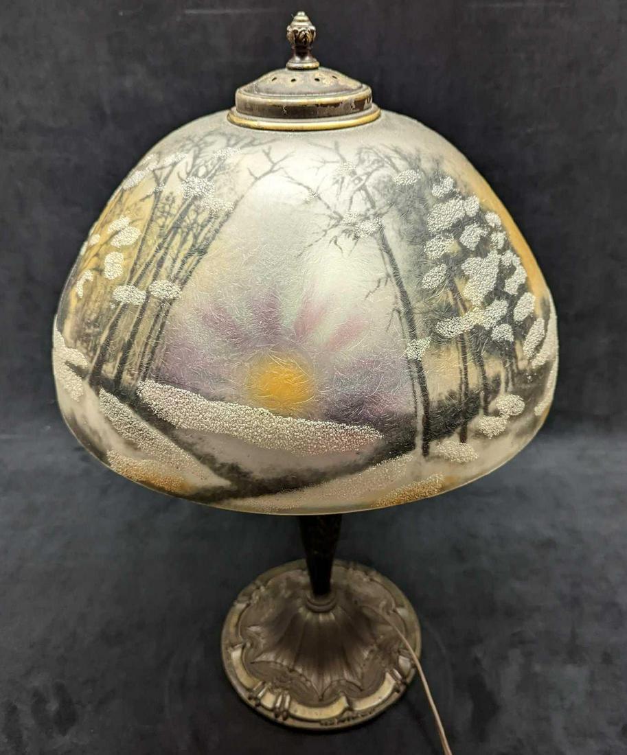 Vintage Lamp With Reverse Painted Trees & Sun Shade (1 of 9)
