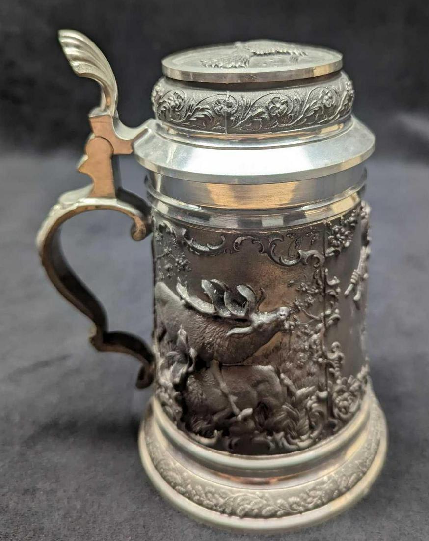 Vintage Zinn Becker Pewter Stein With Hunter & Deer: Vintage Zinn Becker Pewter Stein With Hunter & Deer. There is a good deal of detail on this pewter stein. From the hunter and his game, along with a detailed Turkey on the lid along with the flora