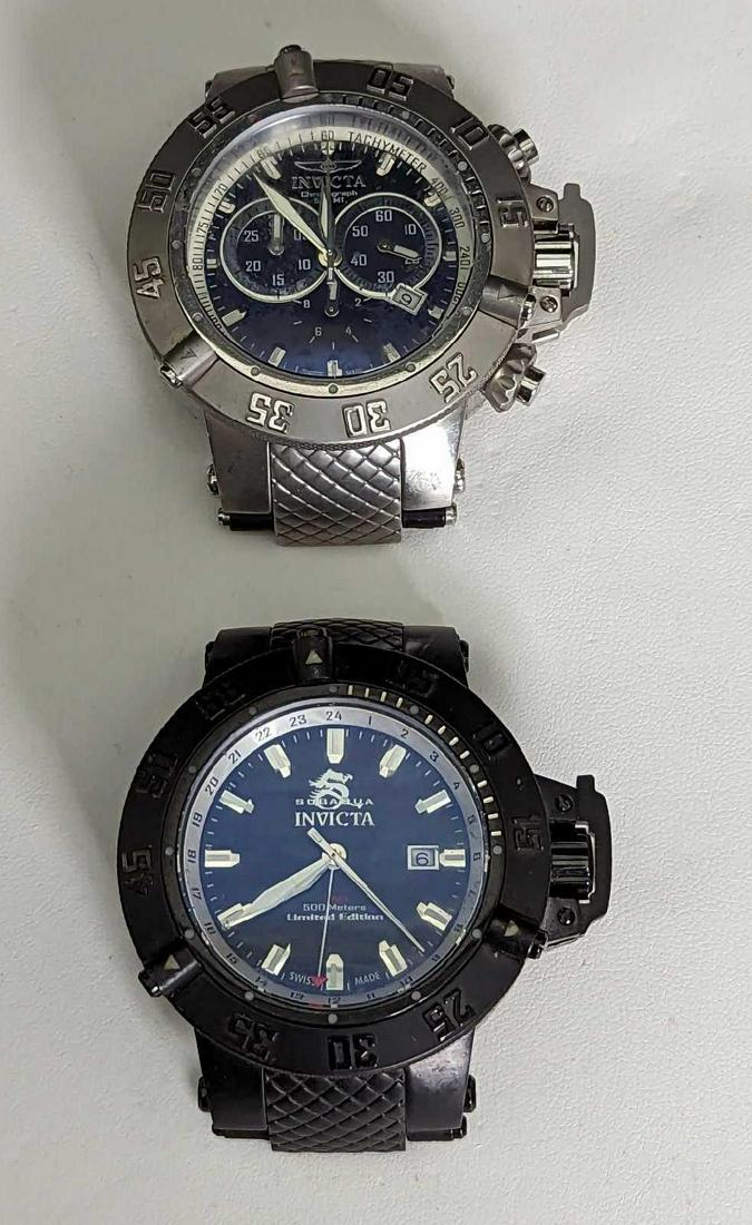 2 Invicta Subaqua Noma III Swiss Made Watches: 2 Invicta Subaqua Noma III Swiss Made Watches. Both watches require new batteries and also bands. Both are made of stainless steel and have "Flame Fusion Crystal". The black watch is a limited