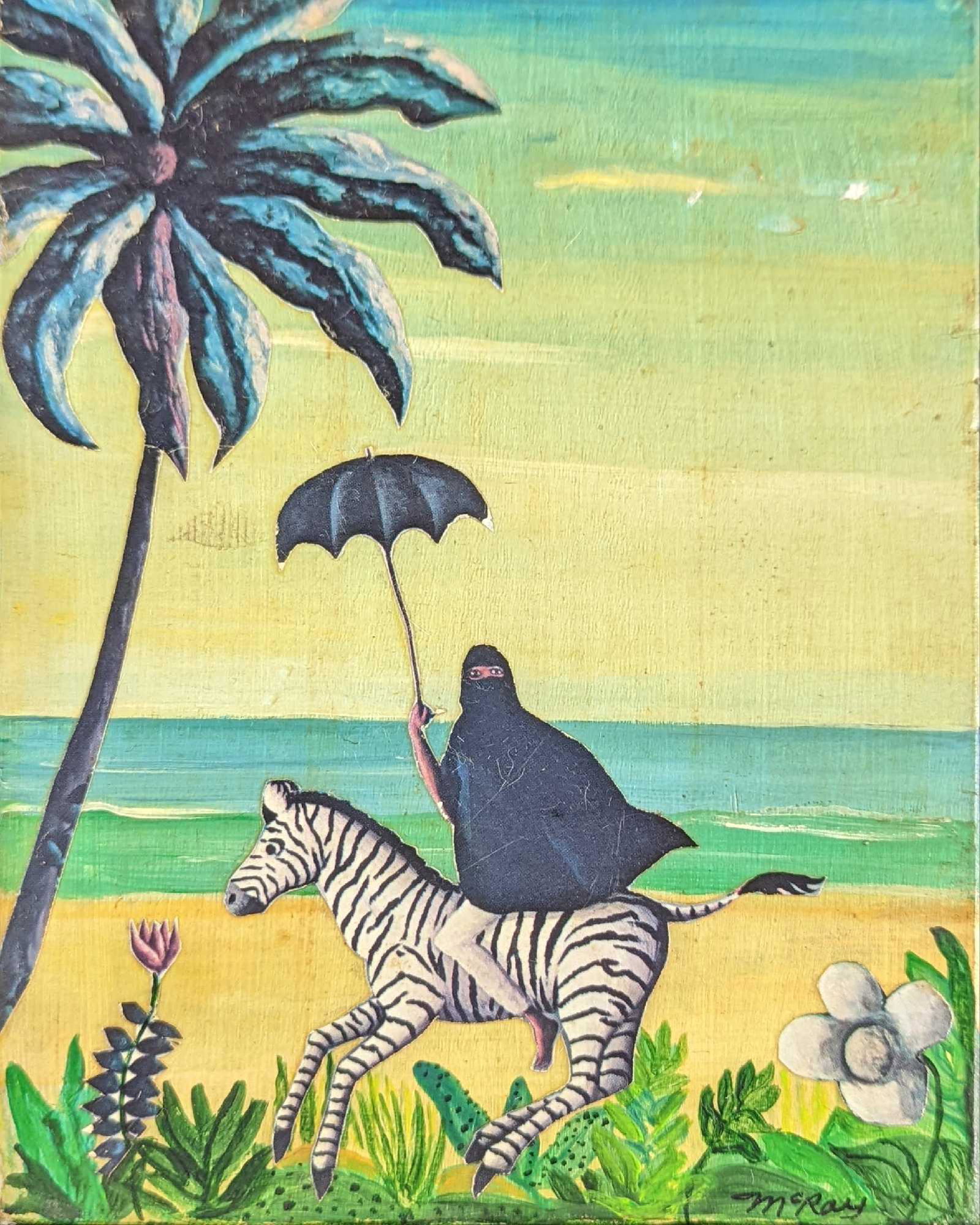 Small Original Mixed Media Zebra Rider: Small Original Mixed Media Zebra Rider On Wood. The background was painted by hand, and the tree, woman, zebra and flowers were glued to the wood panel. This is very similar to the style an artist nam