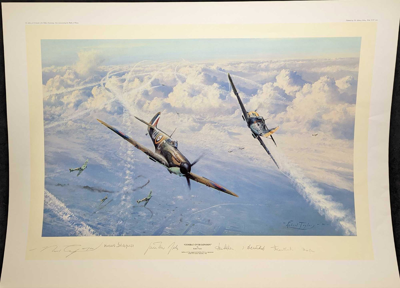S&N Robert Taylor Combat Over London Signed Print: S&N Robert Taylor Combat Over London Signed Print. This print is approx 36" x 26 1/2" and it weighs 0.25lb. The print has some creases, mostly on the right side. Please see the images as t