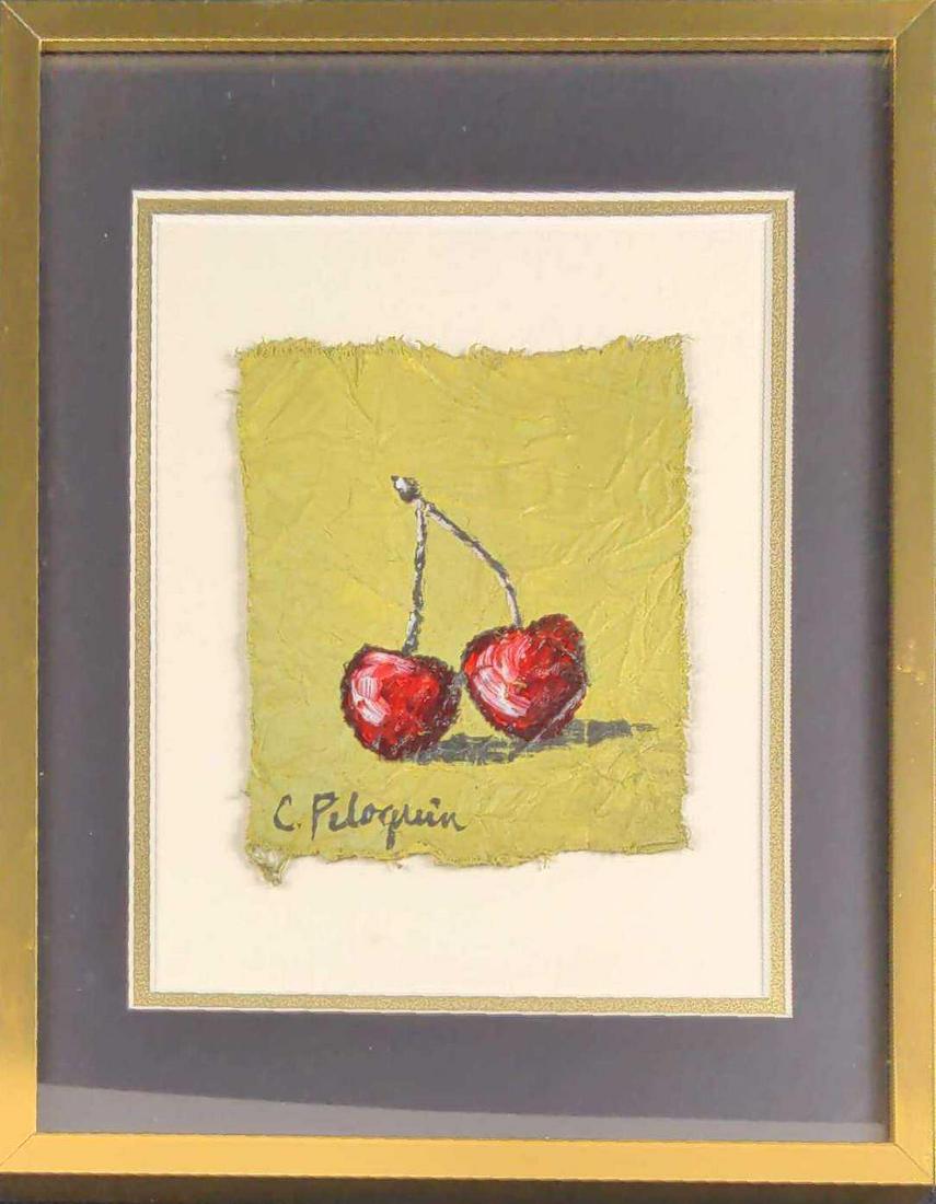 Original Christine Peloquin Mix Media Cherries X1: Original Mixed Media (acrylic, fabric and charcoal) of two cherries. The original is signed by the artist on the bottom right. The framed original is approx 11 1/4" x 1" x 14 1/2". The ori