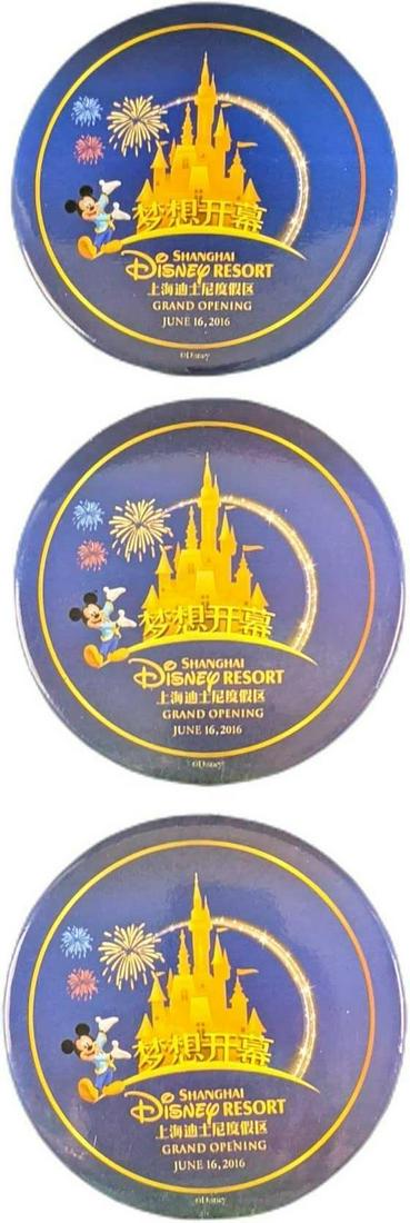 Three Shanghai Disney Resort Grand Opening Buttons: Shanghai Disney Resort Grand Opening Button; These pins were given to guests to celebrate the grand opening of Disney's Shanghai Resort in China, which opened June 16, 2016. This set comes with a 