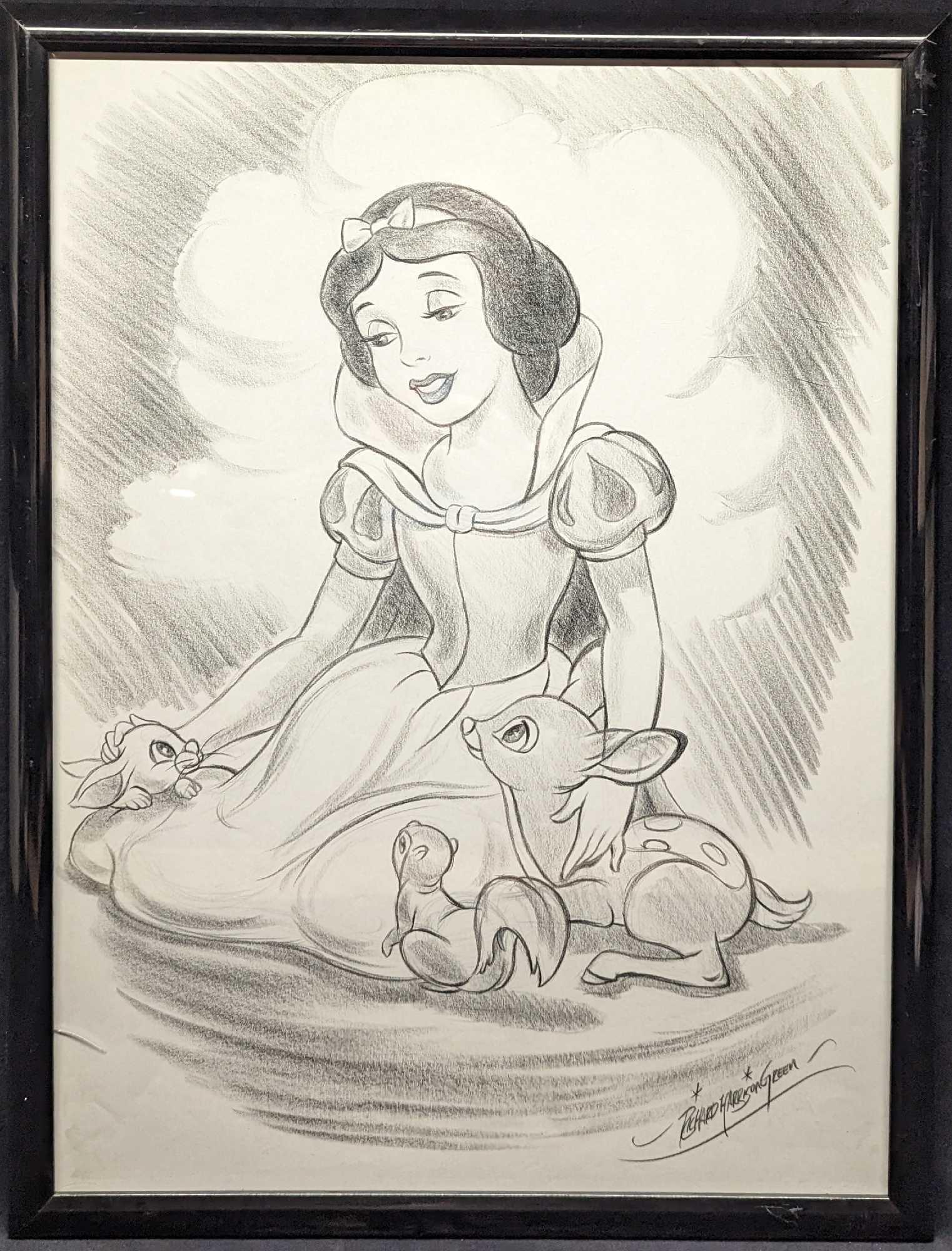 Disney Richard Harrison Green Sketch Snow White: Disney Richard Harrison Green Sketch White. Here is a charcoal sketch of Snow White and her animal friends, from Disney's classic animated movie, "Snow White and The Seven Dwarfs.". This f