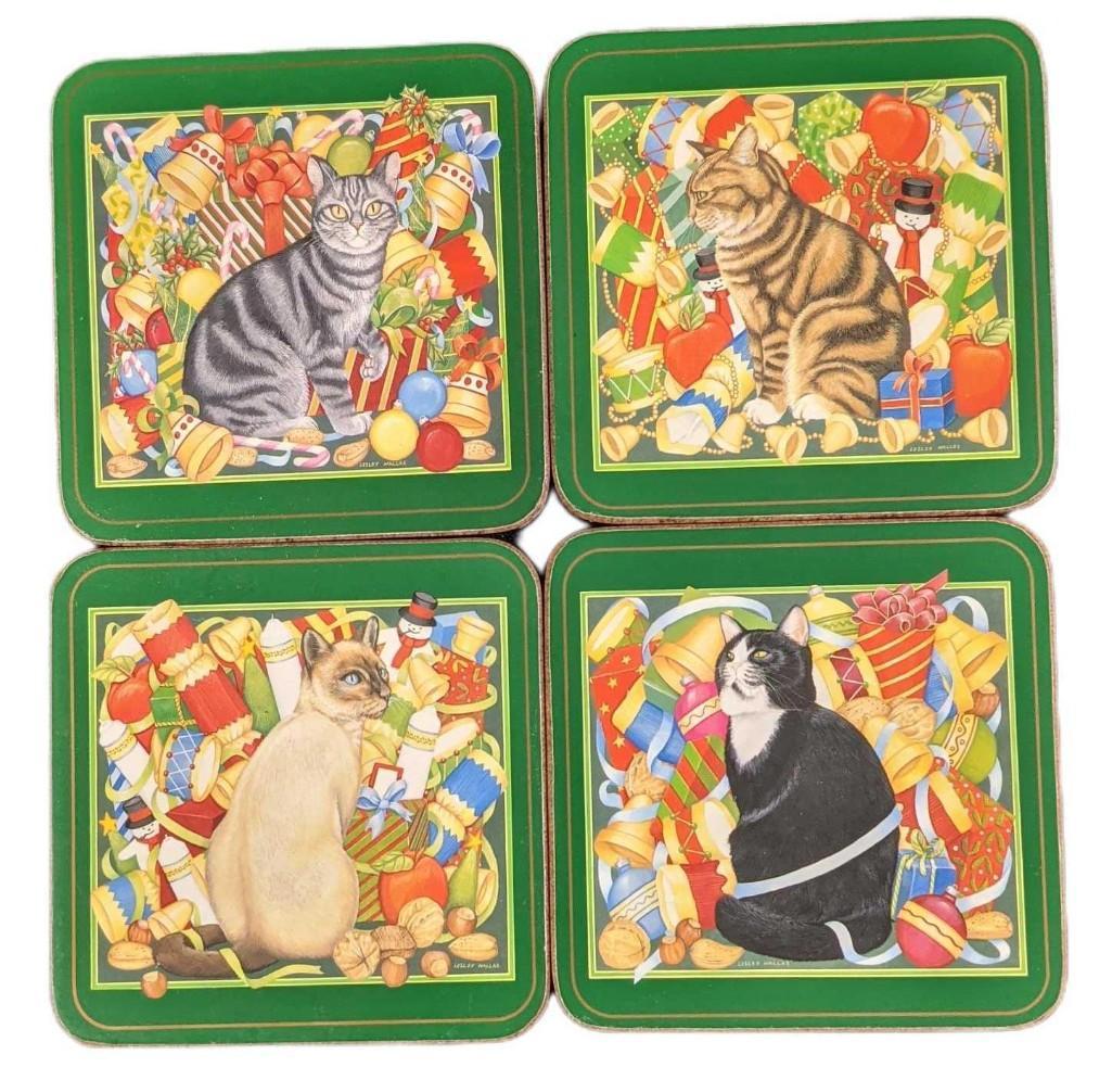 Four Christmas Pimpernel Whimsical Cats Coasters Auction